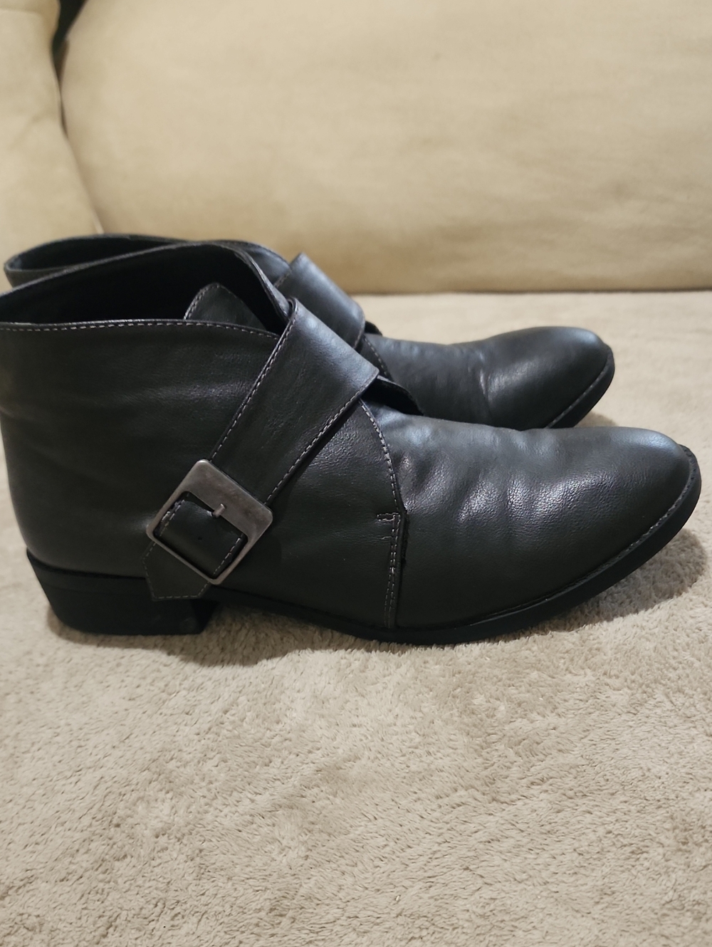 GREY  Leather Ankle Boots with Buckle Strap